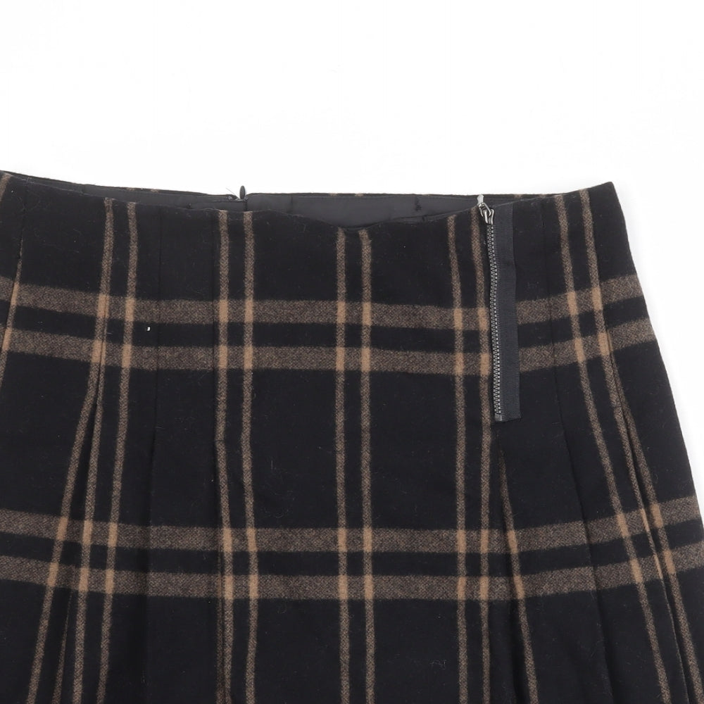 Marks and Spencer Womens Black Plaid Wool Pleated Skirt Size 14 Zip