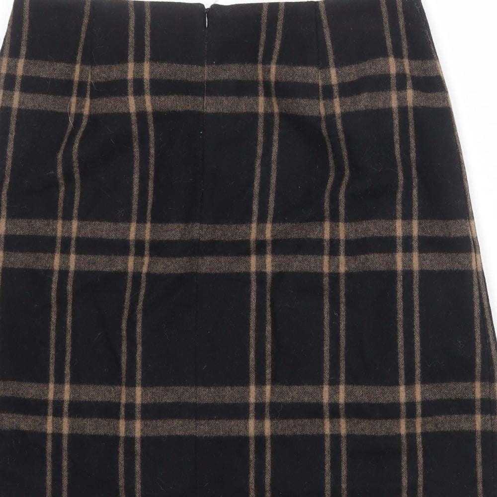 Marks and Spencer Womens Black Plaid Wool Pleated Skirt Size 14 Zip