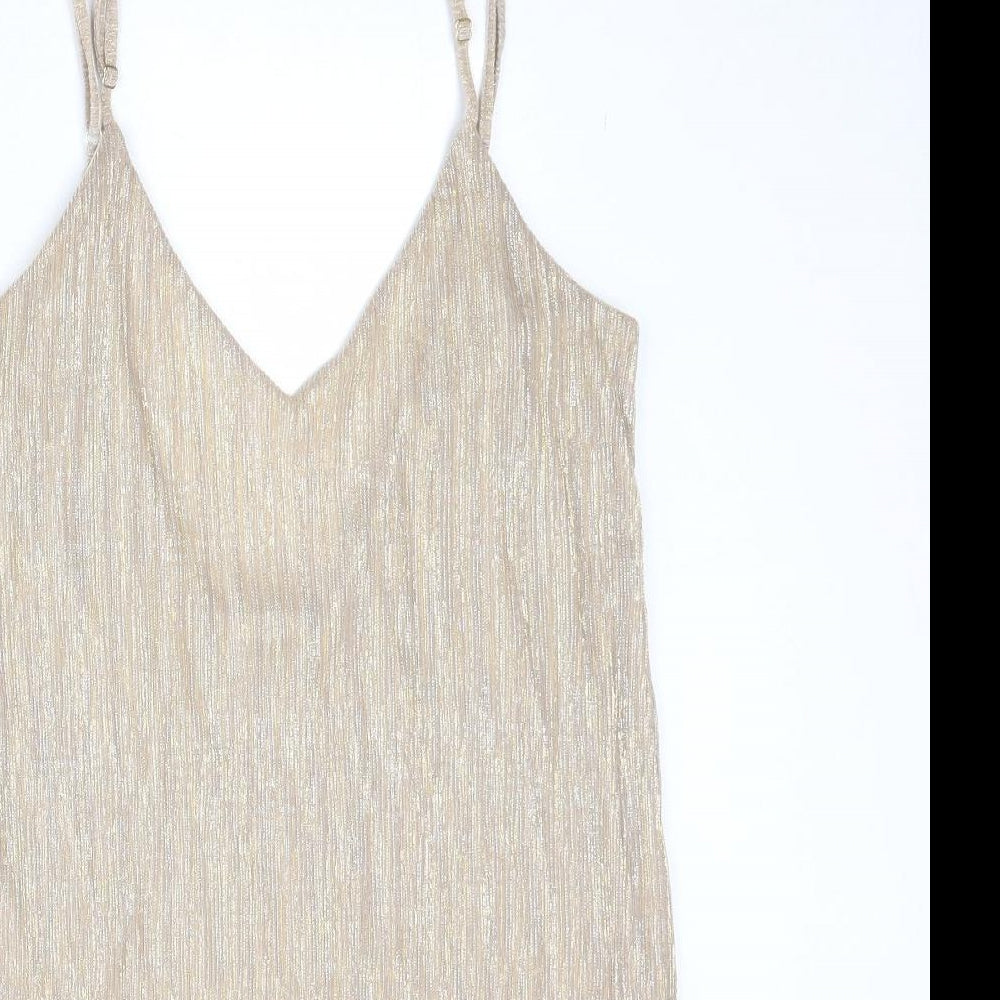 Pull&Bear Womens Gold Polyester Tank Dress Size L V-Neck Pullover - Open Back