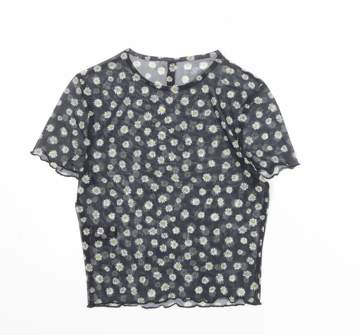 Divided by H&M Womens Black Floral Polyester Basic T-Shirt Size S Round Neck - Daisy Print