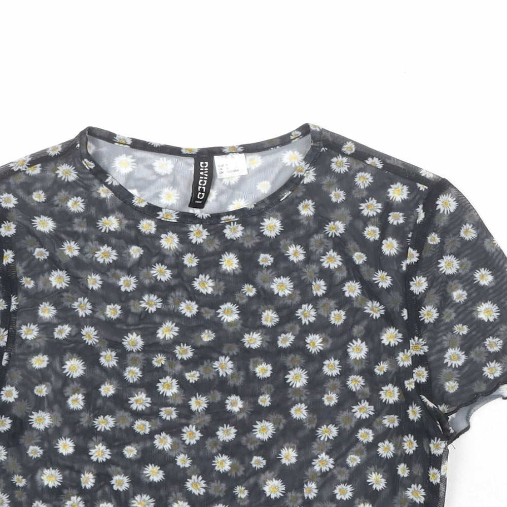 Divided by H&M Womens Black Floral Polyester Basic T-Shirt Size S Round Neck - Daisy Print