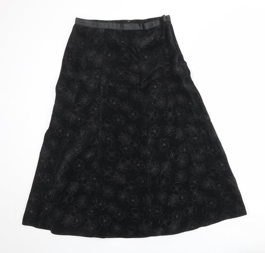Marks and Spencer Womens Black Floral Cotton Swing Skirt Size 12 Zip