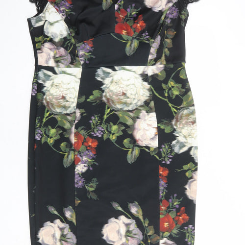 Marks and Spencer Womens Black Floral Polyester Shift Size 16 V-Neck Zip - Lace Details