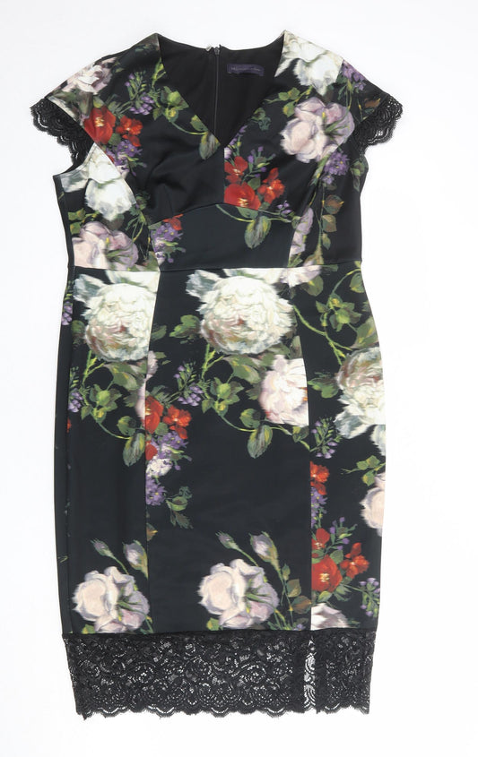 Marks and Spencer Womens Black Floral Polyester Shift Size 16 V-Neck Zip - Lace Details