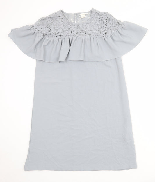 H&M Womens Blue Polyester Shift Size 12 Round Neck Button - Lace Details
