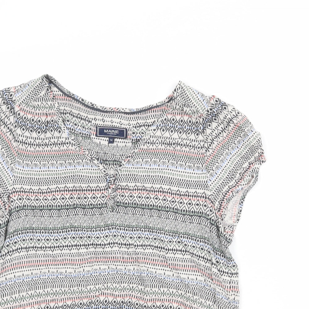 Maine New England Womens Multicoloured Geometric Viscose Basic T-Shirt Size 14 V-Neck