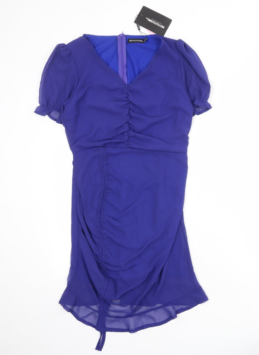 PRETTYLITTLETHING Womens Blue Herringbone Polyester Shift Size 10 V-Neck Zip