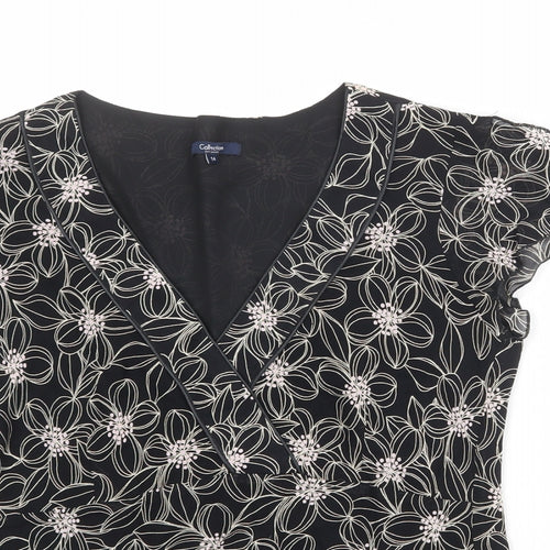 Debenhams Womens Black Floral Viscose Basic Blouse Size 14 V-Neck