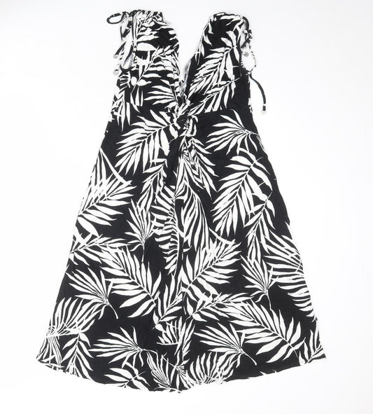 Marks and Spencer Womens Black Geometric Viscose A-Line Size 8 V-Neck Pullover - Leaf pattern