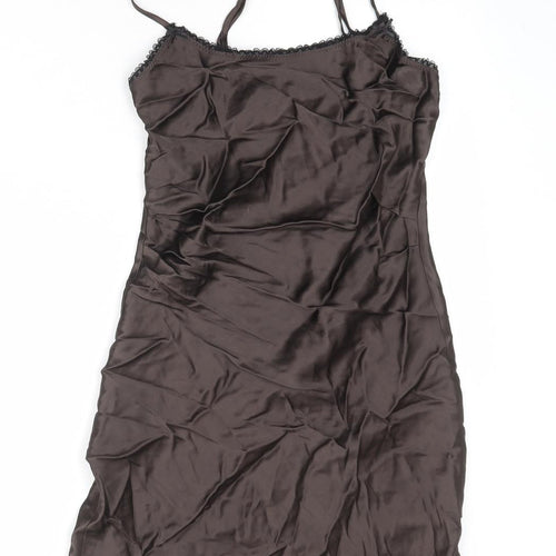 Zara Womens Brown Polyester Slip Dress Size S Scoop Neck Zip