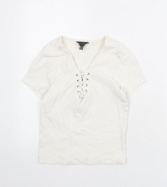 New Look Womens White Polyester Basic T-Shirt Size 14 V-Neck