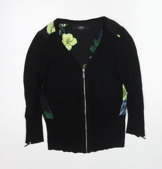 Debenhams Womens Black V-Neck Floral Viscose Full Zip Jumper Size 10