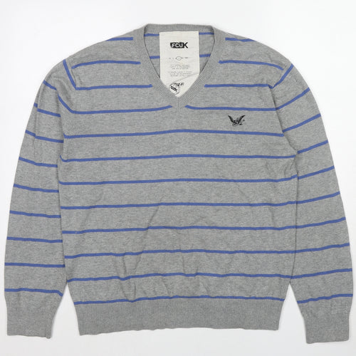 French Connection Mens Grey V-Neck Striped Cotton Pullover Jumper Size L Long Sleeve