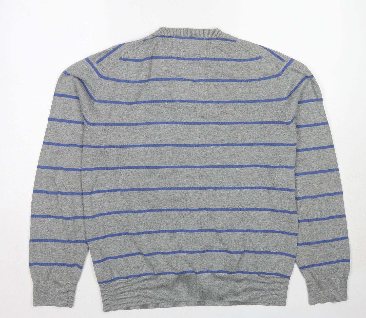 French Connection Mens Grey V-Neck Striped Cotton Pullover Jumper Size L Long Sleeve