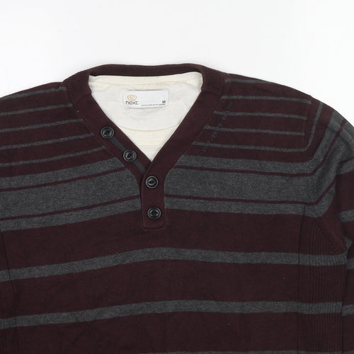 NEXT Mens Red V-Neck Striped Polyester Pullover Jumper Size M Long Sleeve