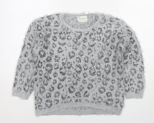 Zara Girls Grey Round Neck Animal Print Polyester Pullover Jumper Size 9-10 Years Pullover - Leopard Print
