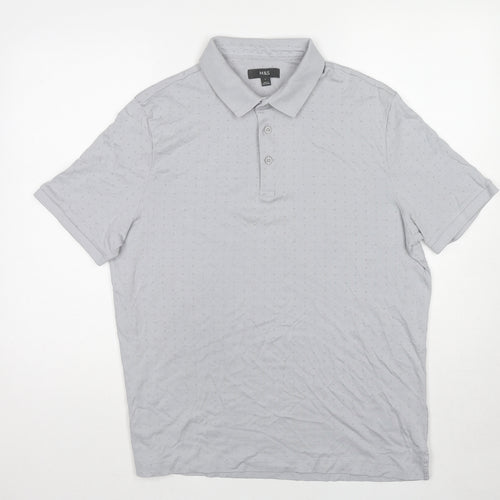 Marks and Spencer Mens Grey Cotton Polo Size L Collared Button