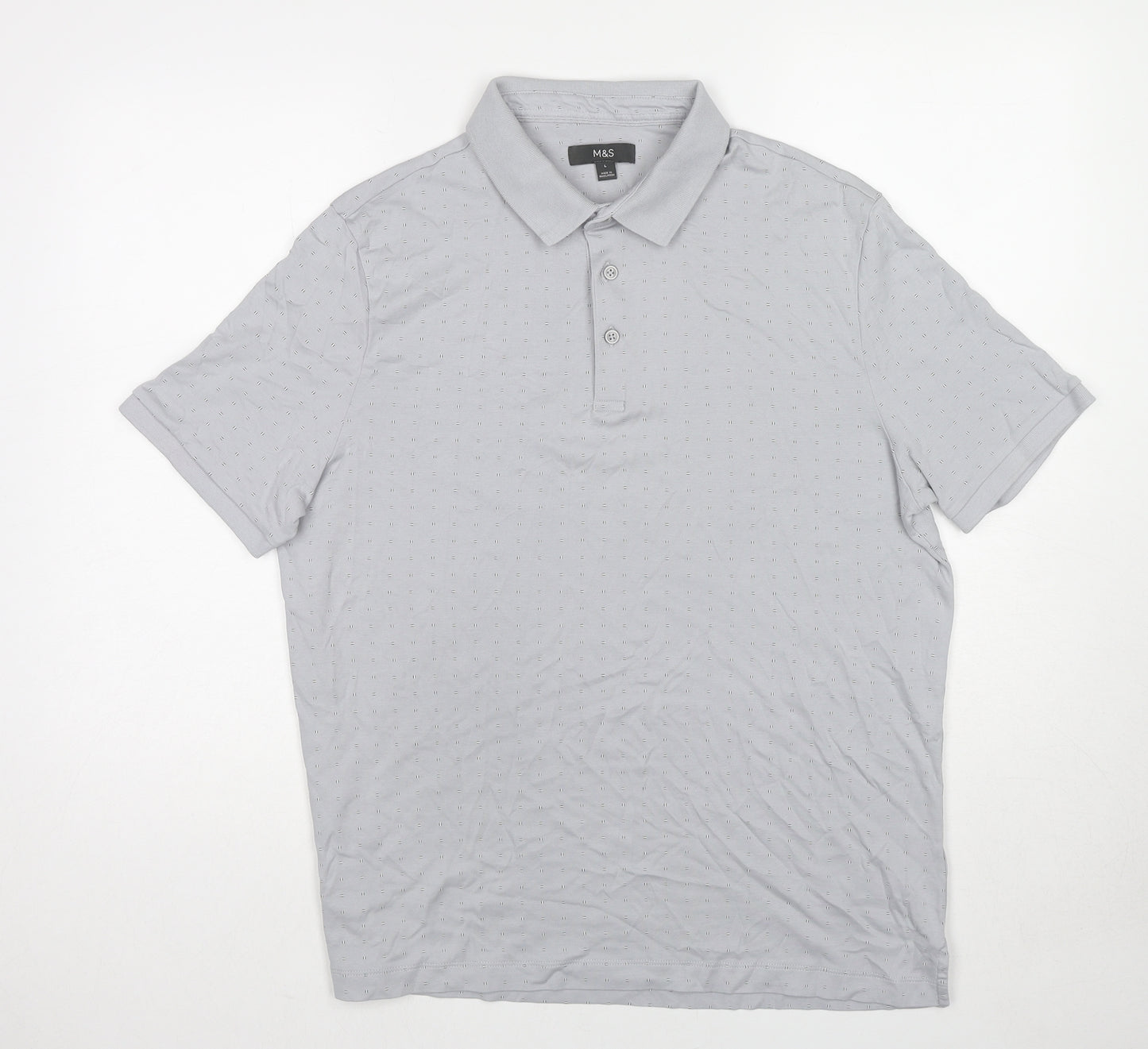 Marks and Spencer Mens Grey Cotton Polo Size L Collared Button