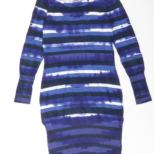 Karen Millen Womens Blue Geometric Cotton Jumper Dress Size S Round Neck Pullover