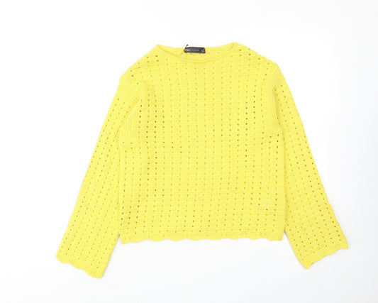Marks and Spencer Womens Yellow Round Neck Cotton Pullover Jumper Size S
