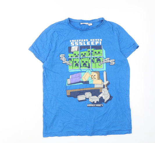 Minecraft Boys Blue Cotton Basic T-Shirt Size 13-14 Years Round Neck Pullover - Creepers Never Sleep