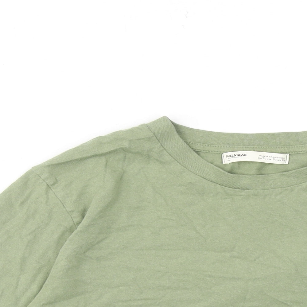 Pull&Bear Womens Green Cotton Cropped T-Shirt Size S Round Neck
