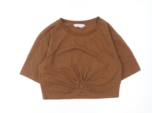 Urban Revivo Womens Brown Cotton Cropped T-Shirt Size 8 Round Neck - Ring Detail