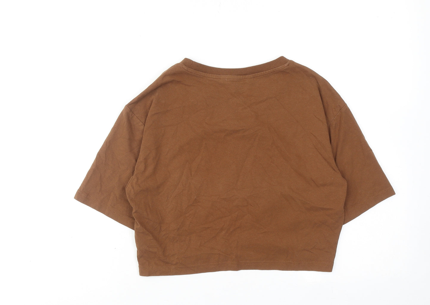 Urban Revivo Womens Brown Cotton Cropped T-Shirt Size 8 Round Neck - Ring Detail