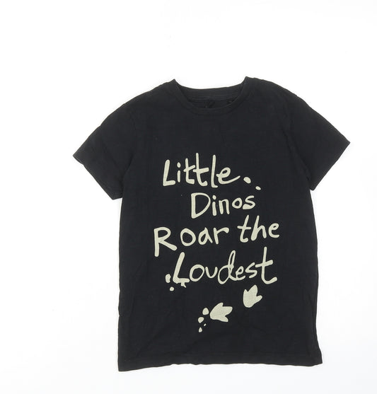NEXT Boys Black Cotton Basic T-Shirt Size 6-7 Years Round Neck Pullover - Little Dinos Roar The Loudest