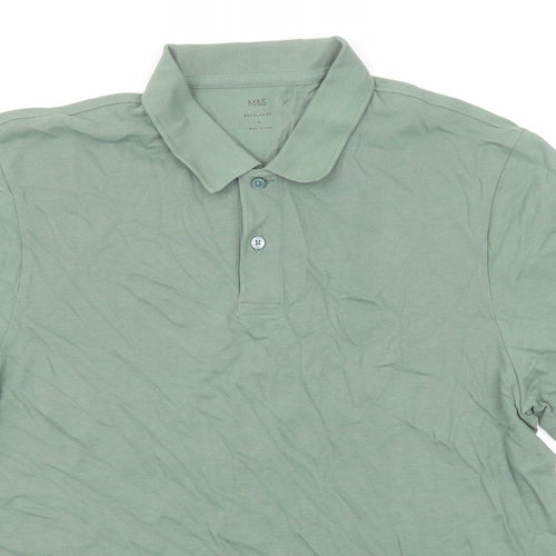 Marks and Spencer Mens Green Cotton Polo Size L Collared Button