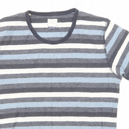 Selected Homme Mens Blue Striped Cotton T-Shirt Size S Round Neck