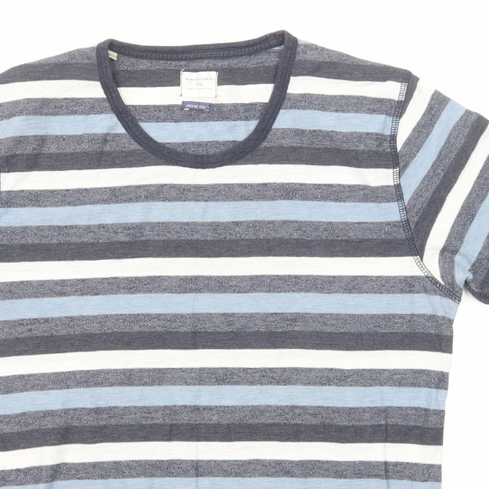 Selected Homme Mens Blue Striped Cotton T-Shirt Size S Round Neck