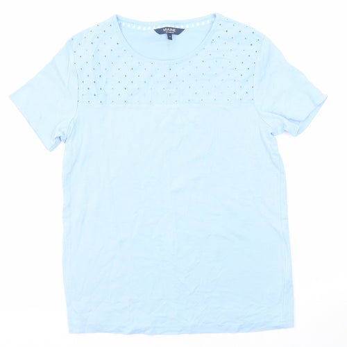 Maine New England Womens Blue Cotton Basic T-Shirt Size 14 Boat Neck - Broderie Anglaise Details