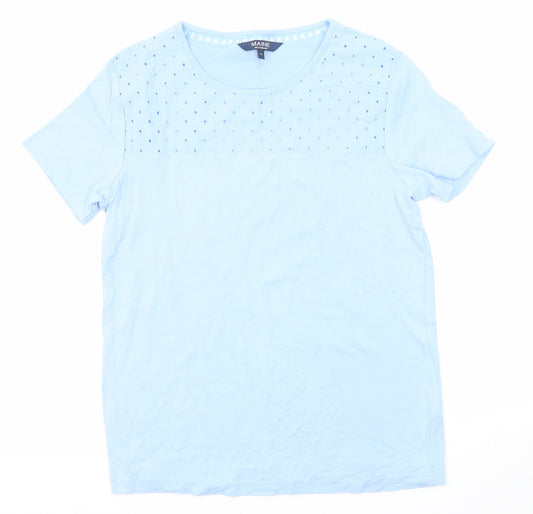 Maine New England Womens Blue Cotton Basic T-Shirt Size 14 Boat Neck - Broderie Anglaise Details