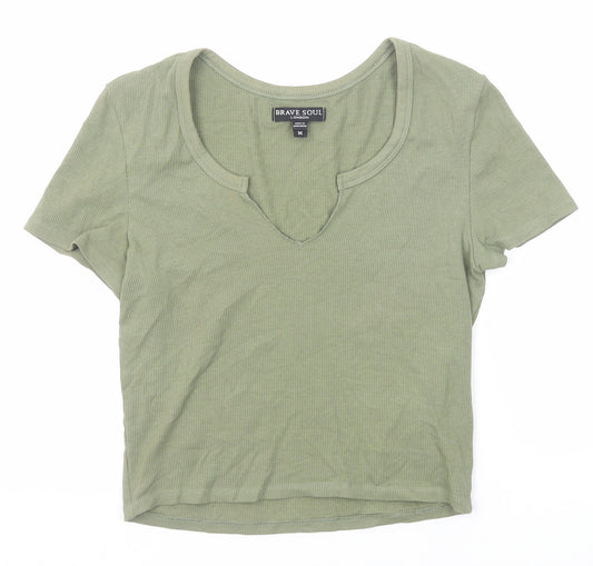 Brave Soul Womens Green Cotton Basic T-Shirt Size M V-Neck - Ribbed