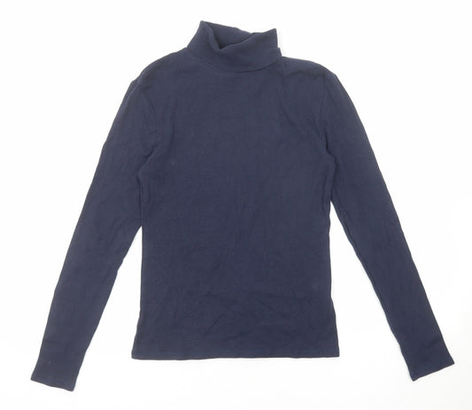 Marks and Spencer Womens Blue Cotton Basic T-Shirt Size 10 Roll Neck - Ribbed