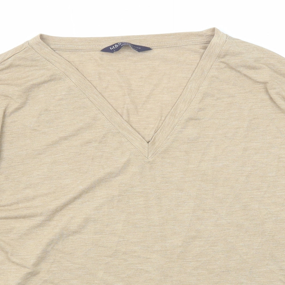 Marks and Spencer Womens Beige Polyester Basic T-Shirt Size 8 V-Neck