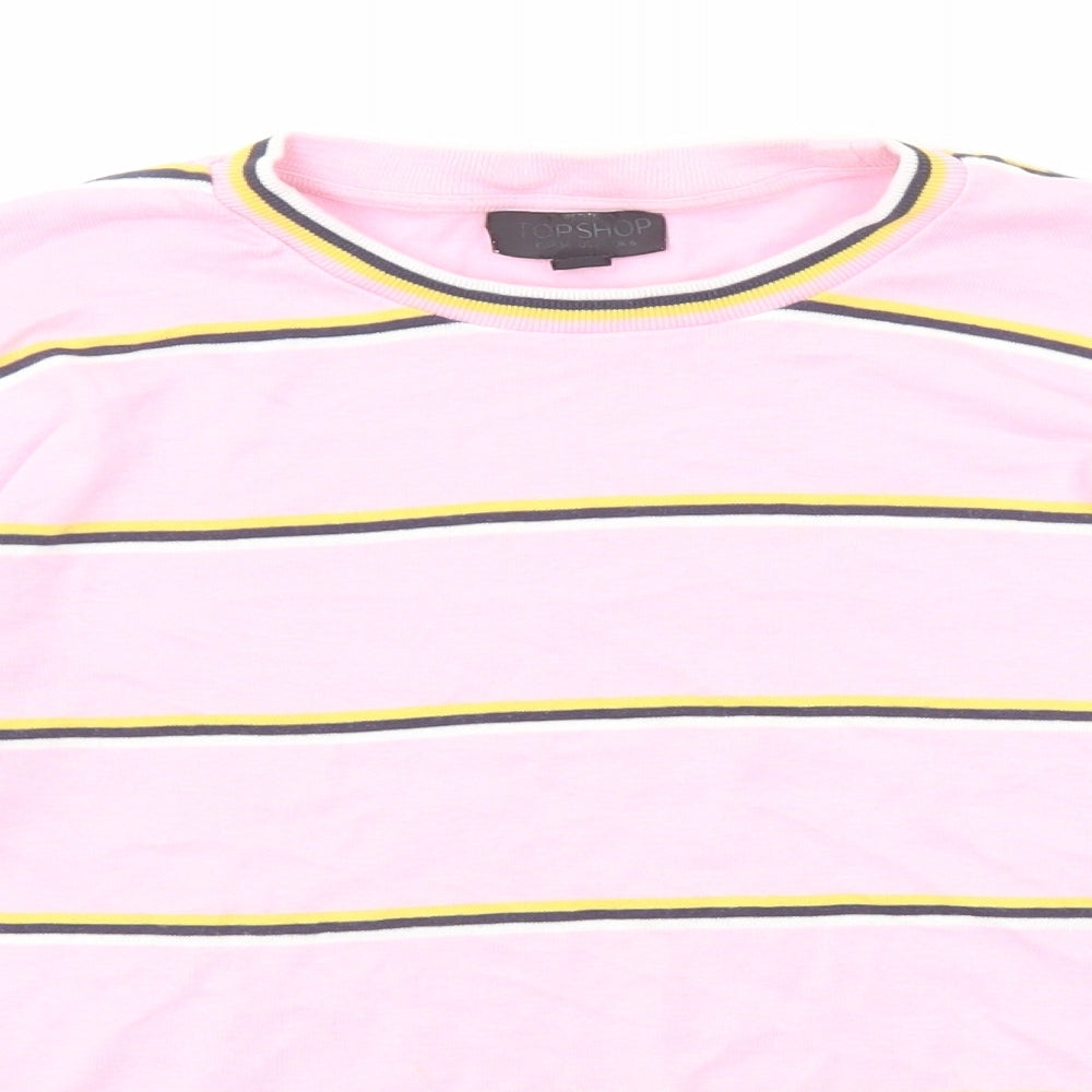 Topshop Womens Pink Striped Cotton Cropped T-Shirt Size 6 Crew Neck