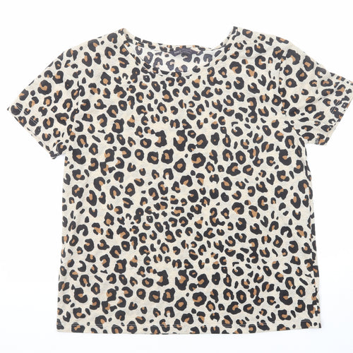 Marks and Spencer Womens Beige Animal Print Polyester Basic T-Shirt Size 10 Round Neck - Leopard Print