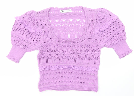 Zara Womens Purple Scoop Neck Geometric Cotton Pullover Jumper Size S