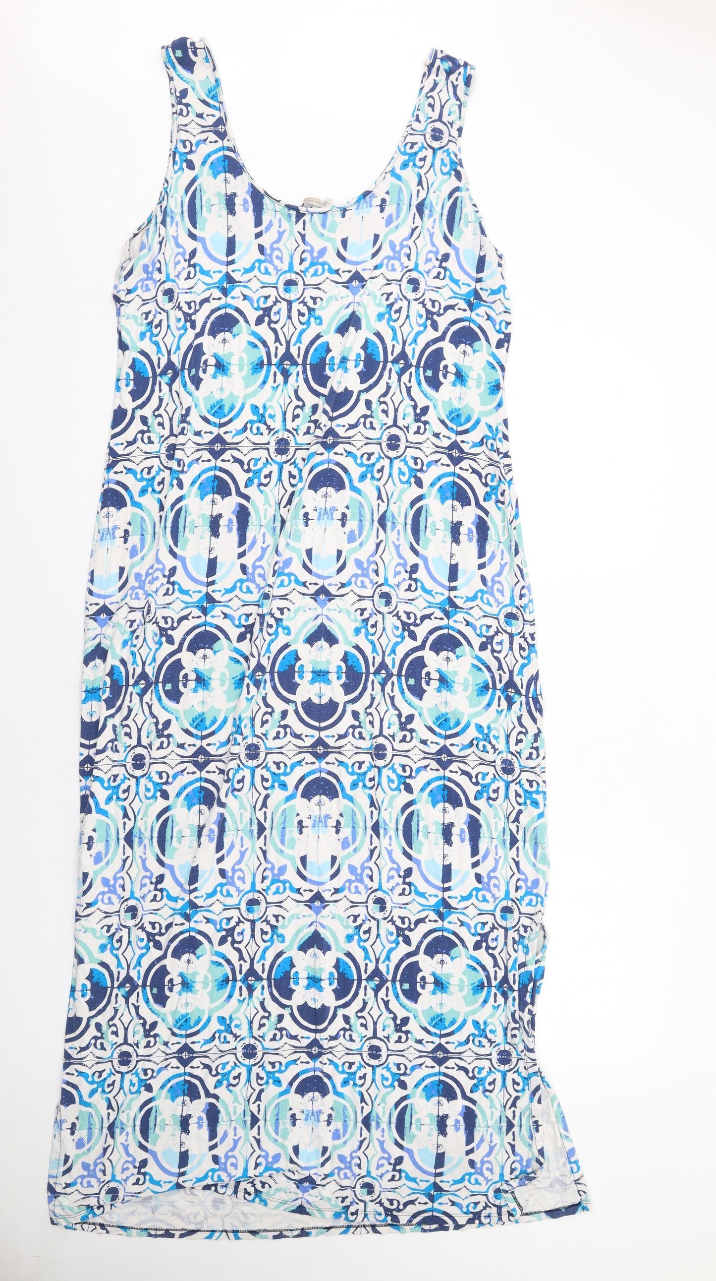 Marks and Spencer Womens Blue Geometric Viscose Tank Dress Size 18 Scoop Neck Pullover