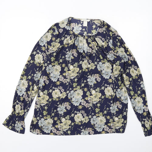 H&M Womens Blue Floral Polyester Basic Blouse Size 8 Boat Neck