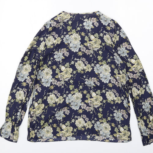 H&M Womens Blue Floral Polyester Basic Blouse Size 8 Boat Neck