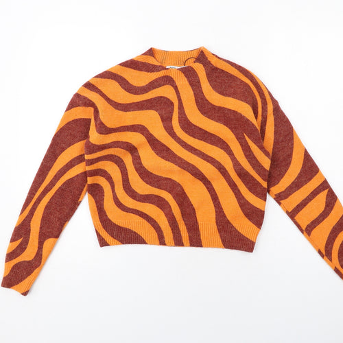 Zara Womens Orange Mock Neck Geometric Acrylic Pullover Jumper Size S