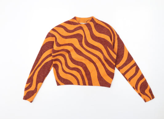 Zara Womens Orange Mock Neck Geometric Acrylic Pullover Jumper Size S