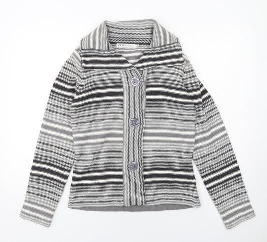 EWM Womens Grey Collared Striped Acrylic Cardigan Jumper Size 10 - Size 10-12