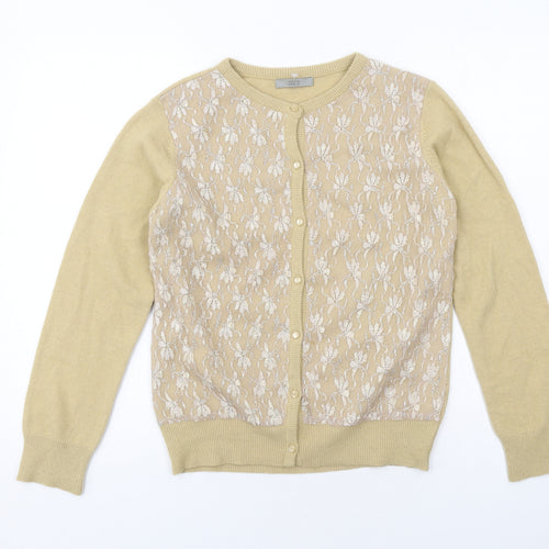 Marks and Spencer Womens Beige Round Neck Floral Wool Cardigan Jumper Size 12 - Lace Overlay