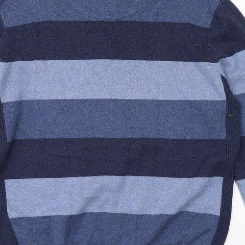 Maine Mens Blue High Neck Striped Cotton Henley Jumper Size L Long Sleeve