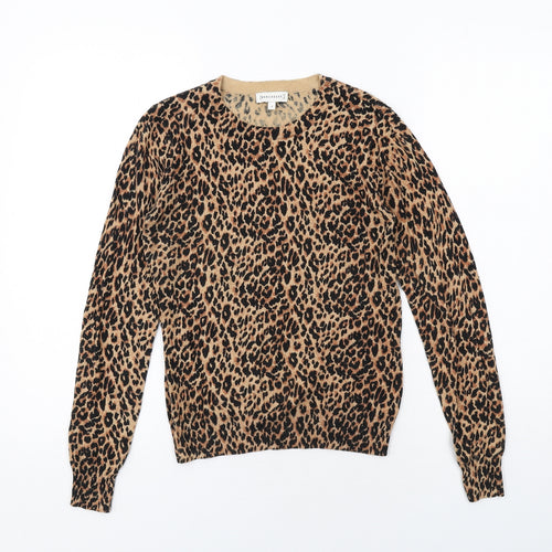 Warehouse Womens Brown Round Neck Animal Print Cotton Pullover Jumper Size 6 - Leopard Print