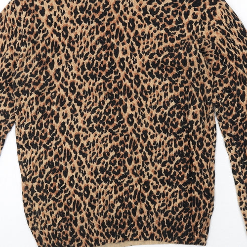 Warehouse Womens Brown Round Neck Animal Print Cotton Pullover Jumper Size 6 - Leopard Print